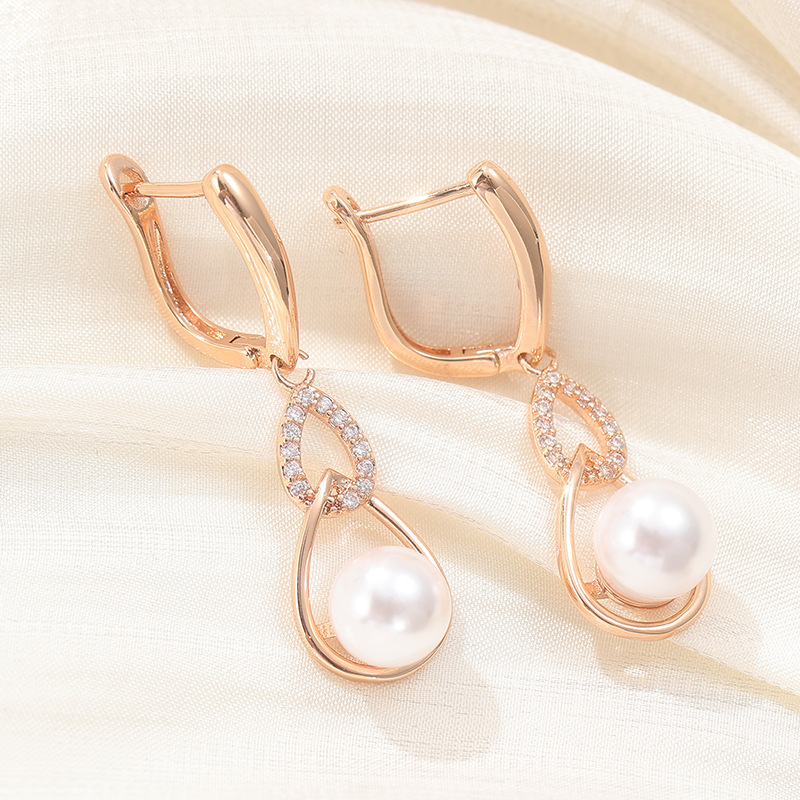 Romantic Rose Gold Pearl Crystal Drop Earrings for Weddings
