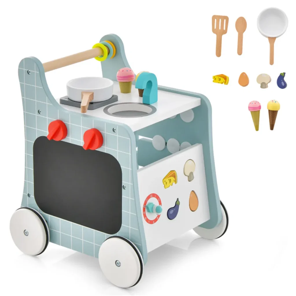 6-in-1 Blue Wooden Baby Stroller & Play Kitchen Set