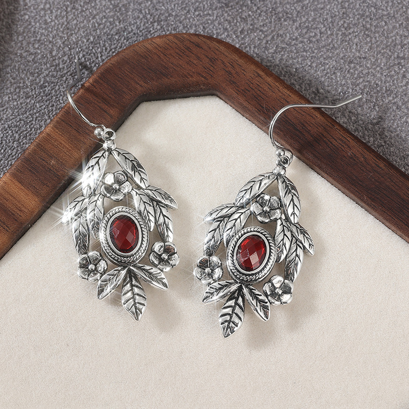 Boho Vintage Red Leaf Drop Earrings - Floral Silver Tone Jewelry