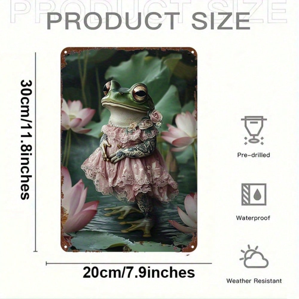 Charming Frog Lady Tin Sign - Vintage Lotus Pond Wall Art