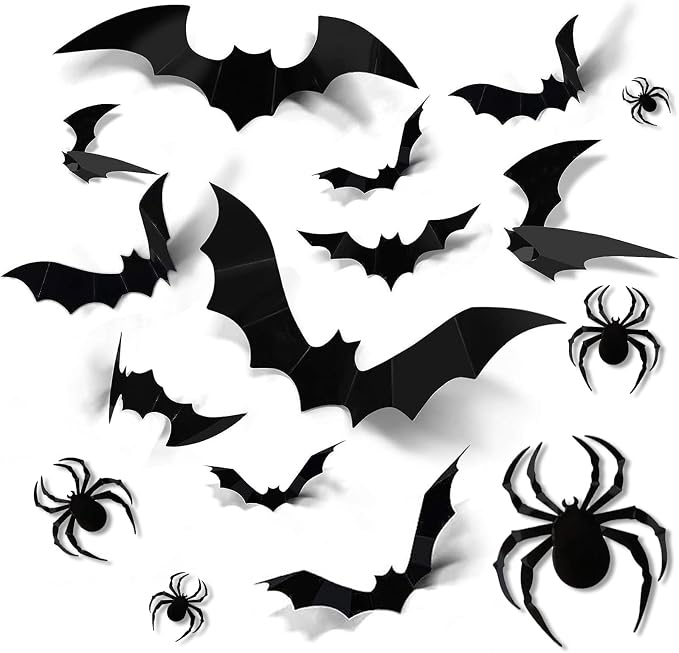 132-Piece 3D Bat & Spider Halloween Wall Decor Set - Indoor/Outdoor