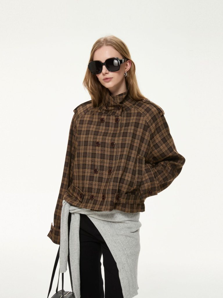 Chic Double-Breasted Plaid Trench Jacket for Effortless Style