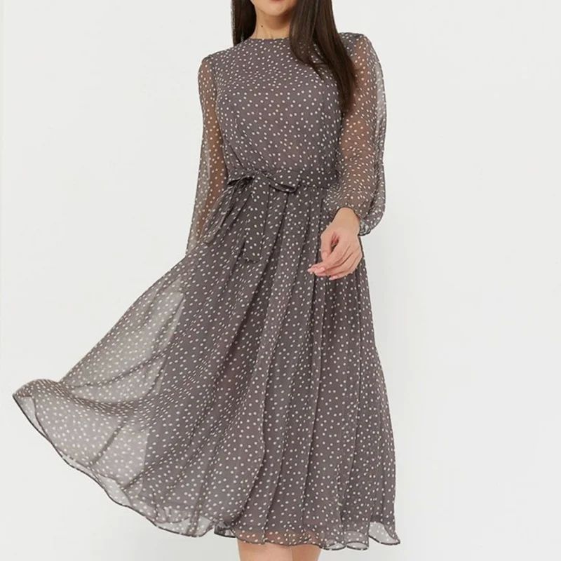Chic Polka-Dot Crewneck Long-Sleeved Dress for Women