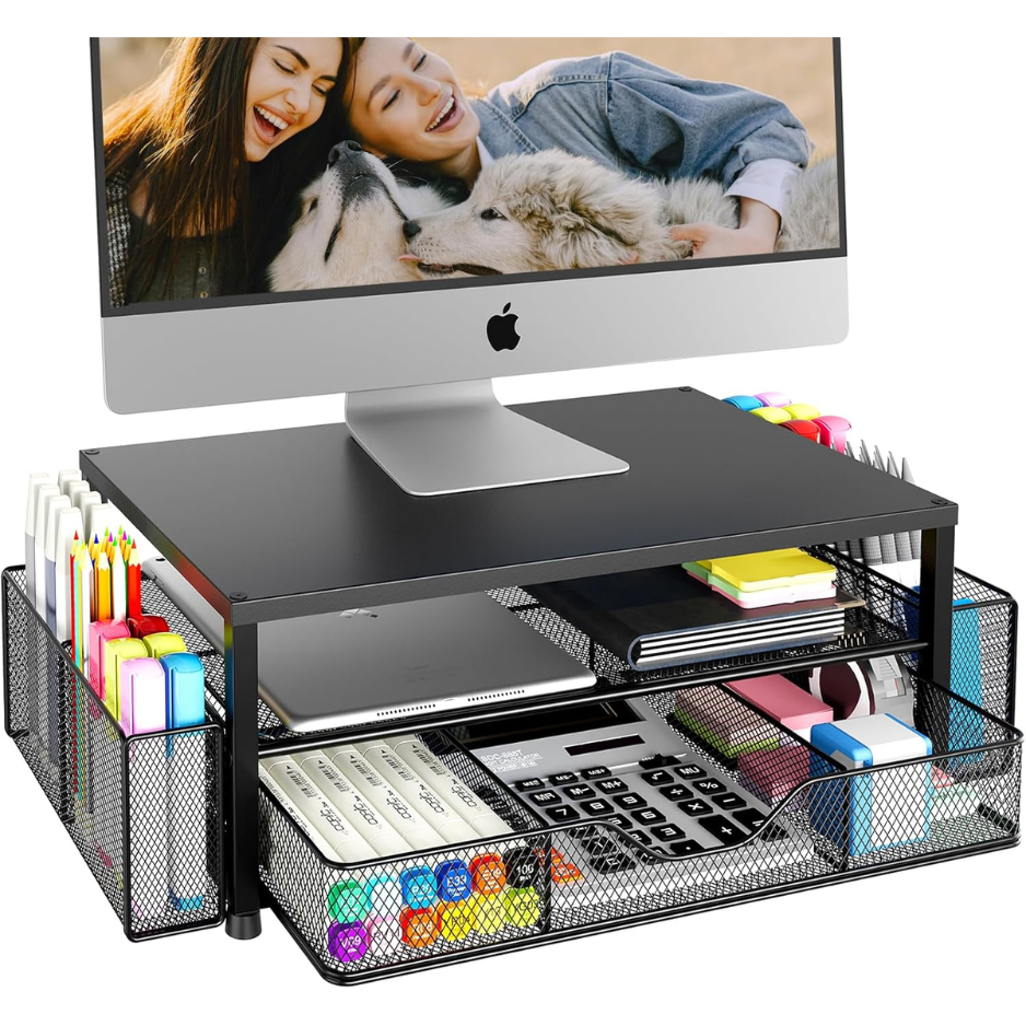 Stylish 2-Tier Desk Organizer & Monitor Stand with Drawer
