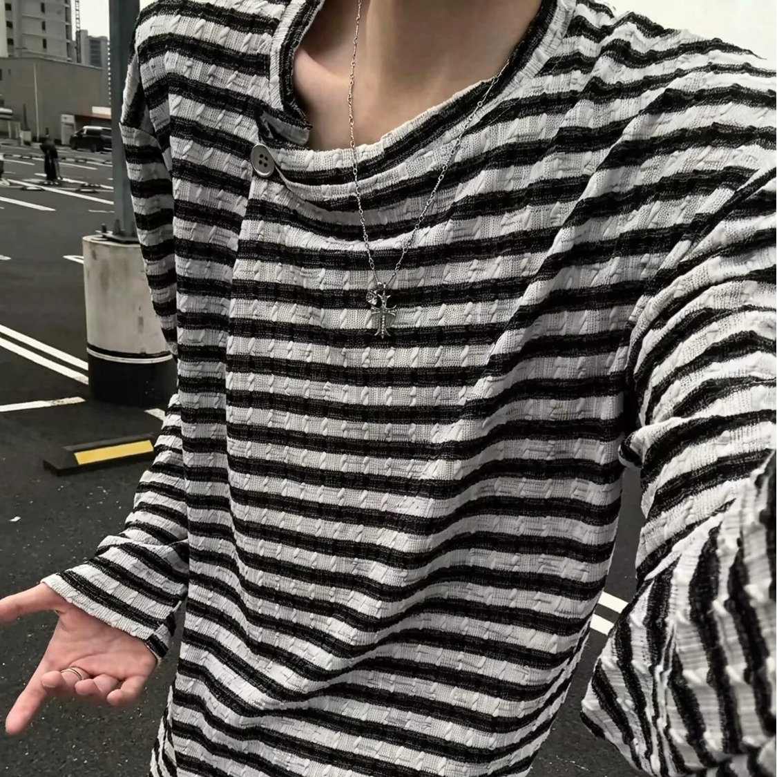 Men's Striped Loose-Fit Pullover - Versatile Long-Sleeve Tee