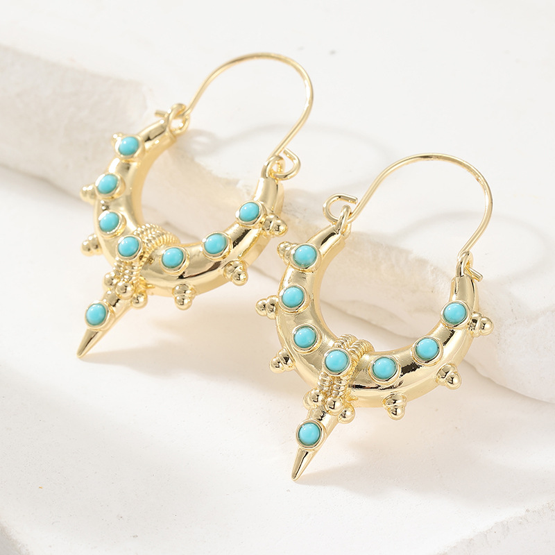 Boho Vintage Turquoise Crescent Hoop Earrings for Festival Glam