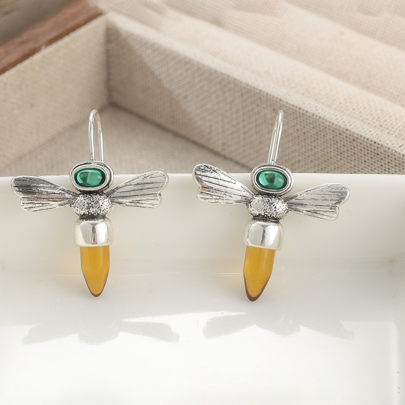 Vintage Dragonfly Drop Earrings - Elegant Silver Tone Brass Jewelry