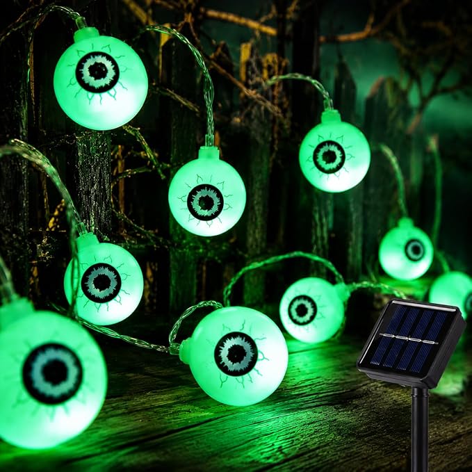 Spooktacular 5M Solar Halloween Eyeball String Lights - 20 LED Green