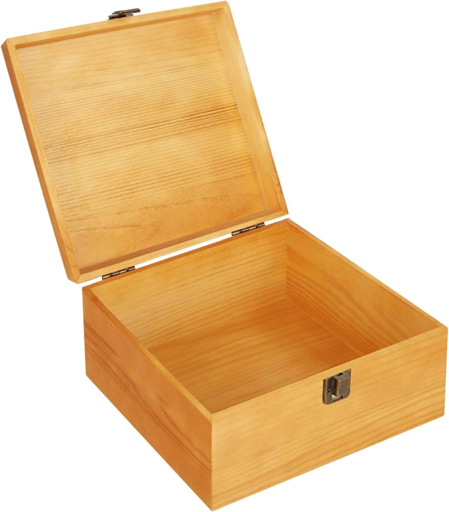 Vintage Large Wooden Storage Box with Hinged Lid for Keepsakes