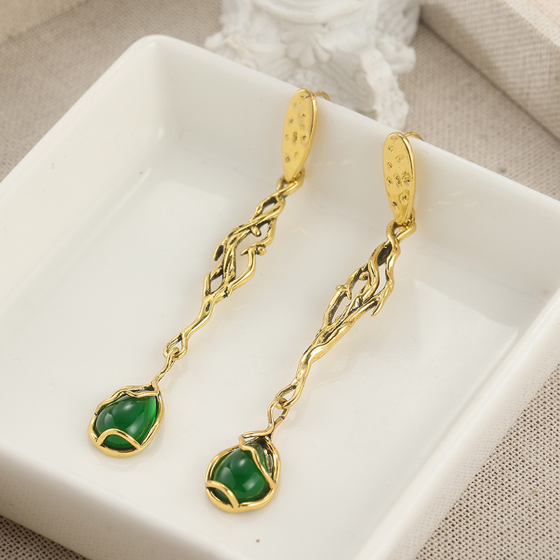 Elegant Vintage Green Stone Drop Earrings - Boho Chic Jewelry