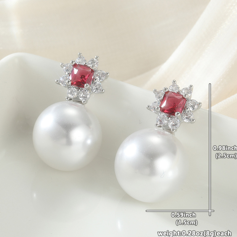 Elegant Silver Pearl Drop Earrings with Floral Red Crystal Accents