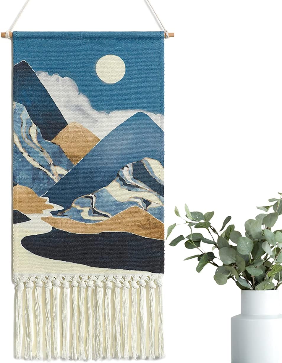 Boho Moon Mountain Tapestry – Stunning Blue Landscape Wall Art