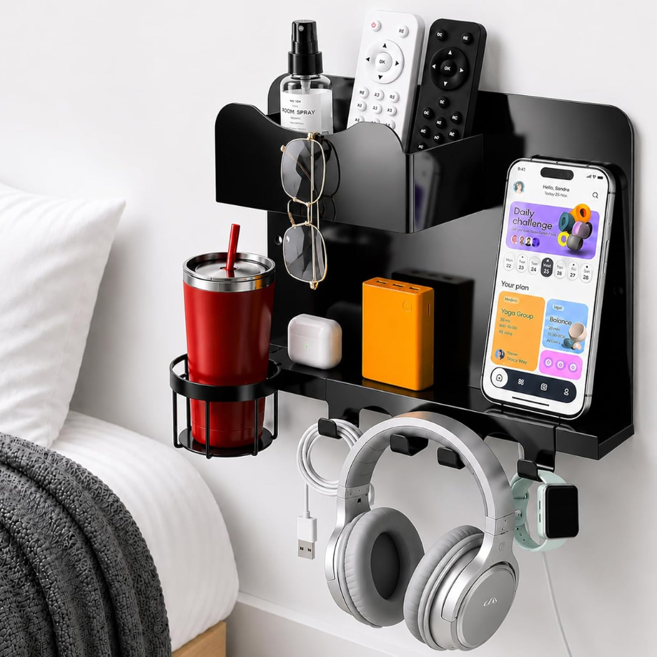 No-Drill Metal Bedside Wall Shelf - Space-Saving Organizer