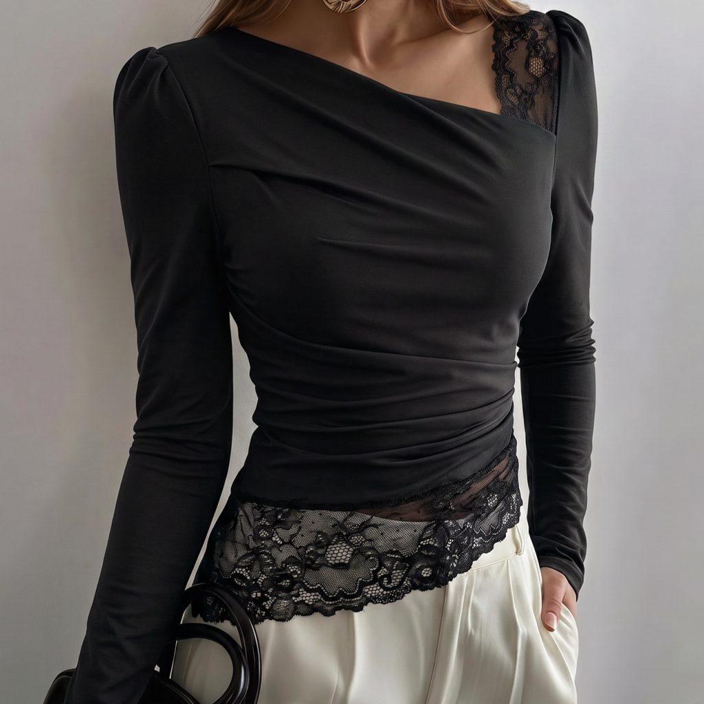 Effortlessly Chic Ruched Long-Sleeve T-Shirt with Dropped Shoulders