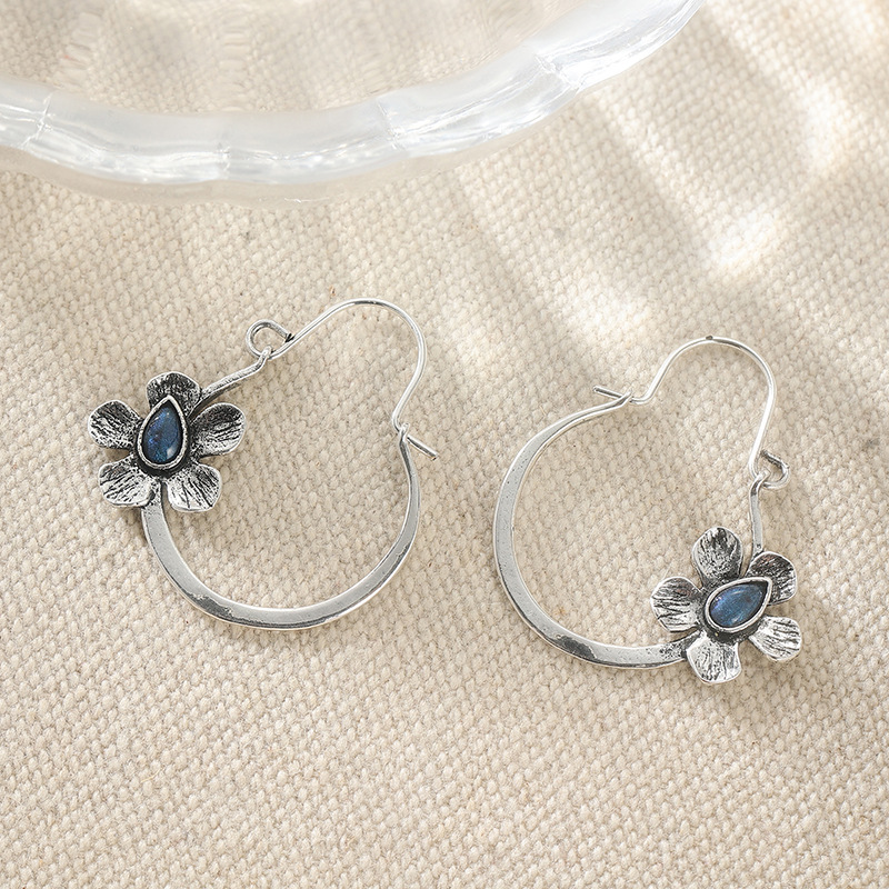 Vintage Blue Stone Flower Hoop Earrings - Boho Chic Jewelry