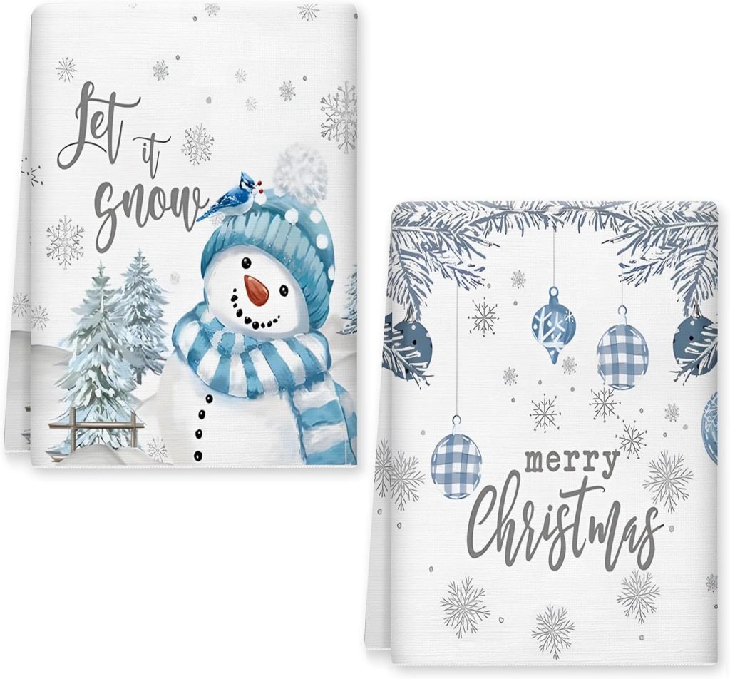 Festive Blue Winter Kitchen Towels - Set of 2 for Holiday Cheer