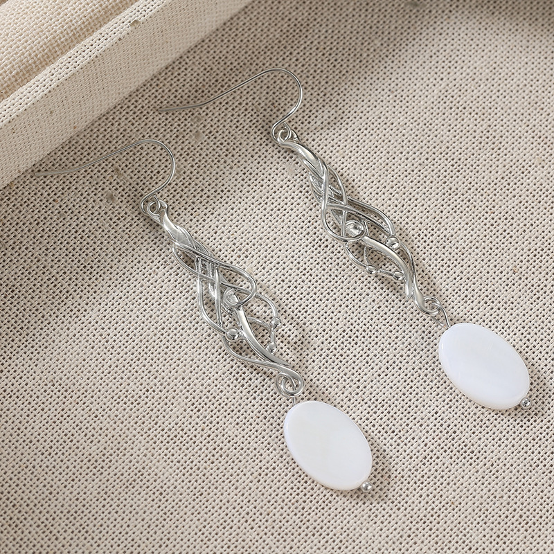 Vintage White Oval Stone Filigree Drop Earrings - Boho Chic