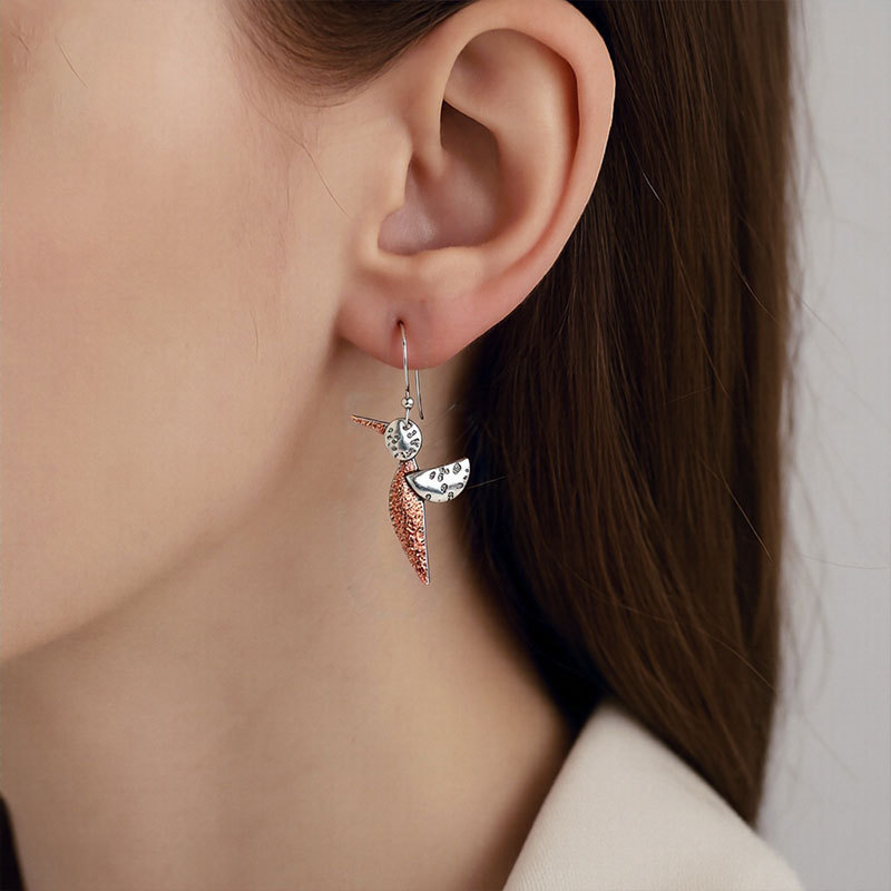 Artistic Asymmetrical Bird & Flower Drop Earrings in Silver Rose Tone