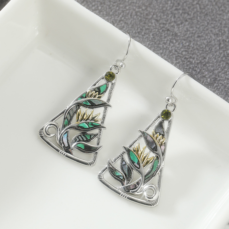 Boho Vintage Leaf Vine Triangle Drop Earrings - Silver Brass Elegance