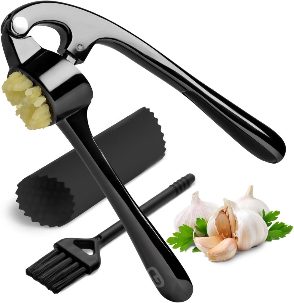 Premium Garlic Press & Mincer with Peeler and Cleaning Brush