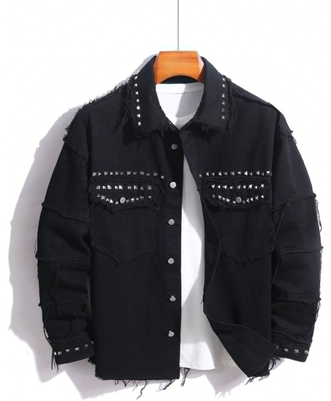 Men’s Black Punk Studded Denim Jacket - Distressed & Edgy Style
