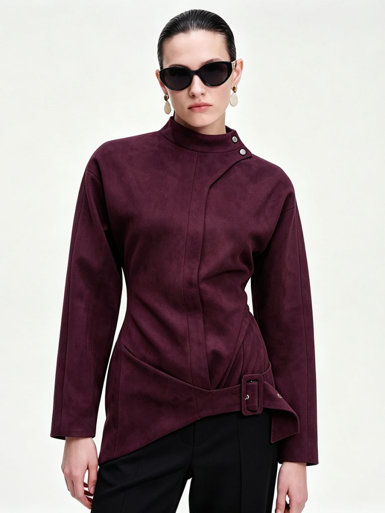Trendy Asymmetric Buckle High-Neck Faux Suede Jacket