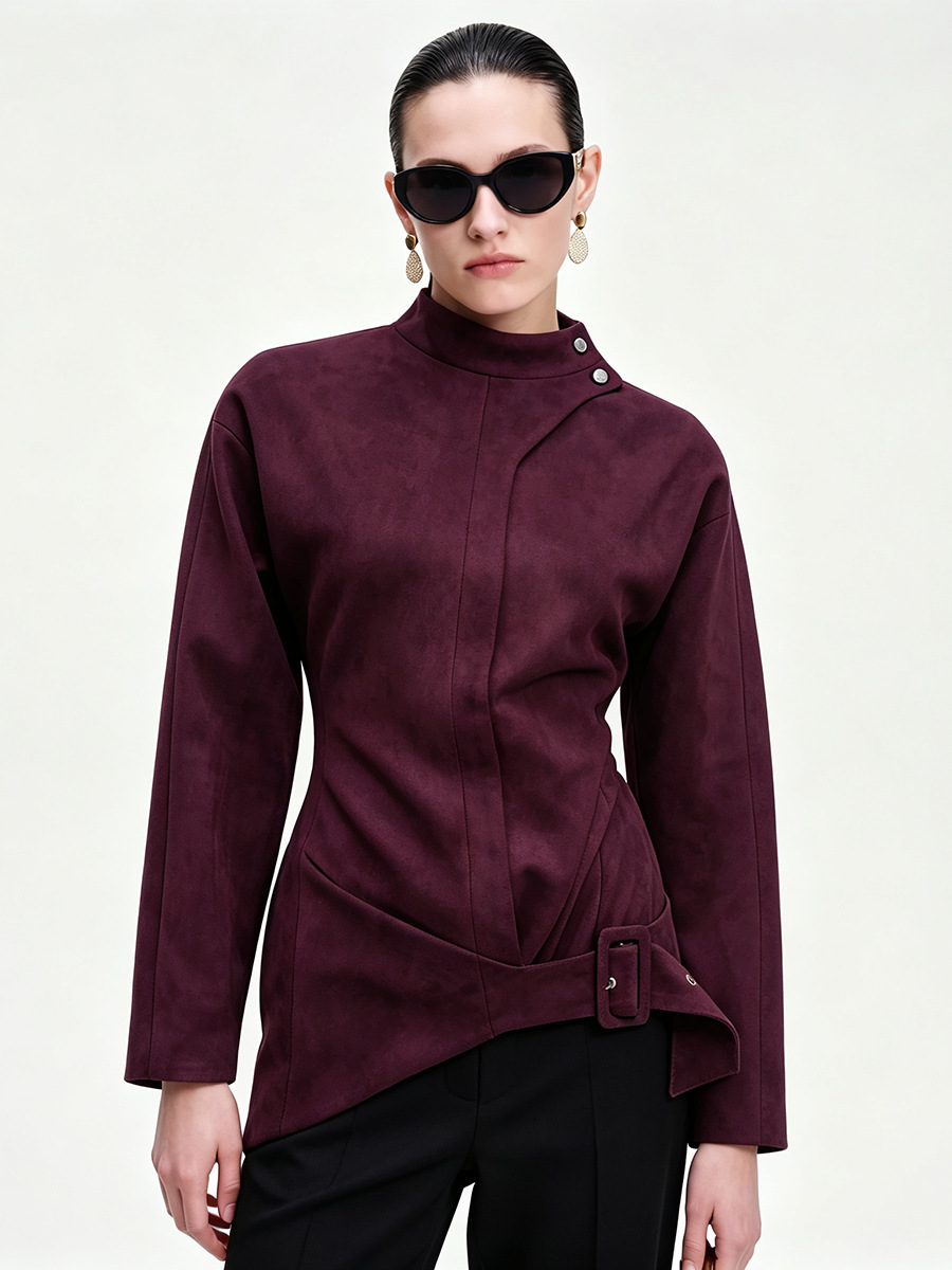 Trendy Asymmetric Buckle High-Neck Faux Suede Jacket