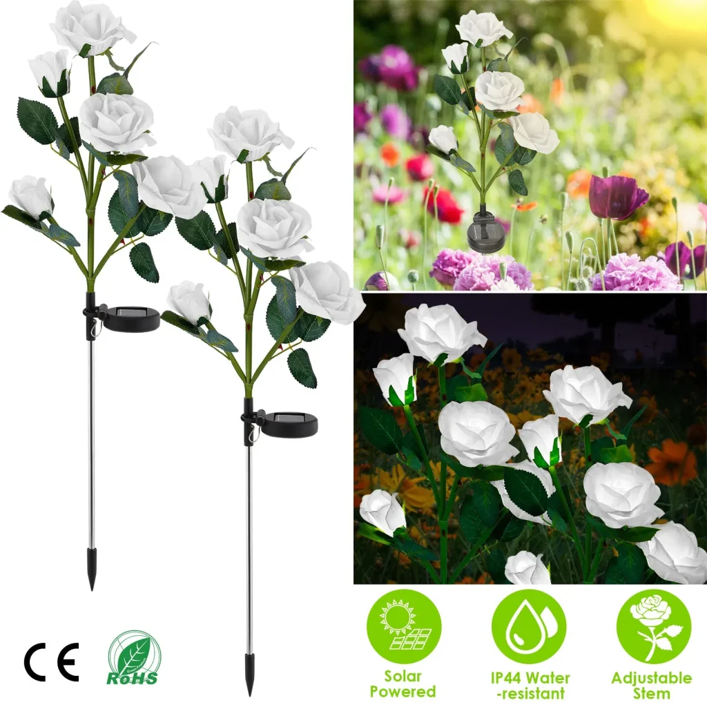 Solar Rose Flower LED Lights - 2 Pack Decorative Garden Stakes