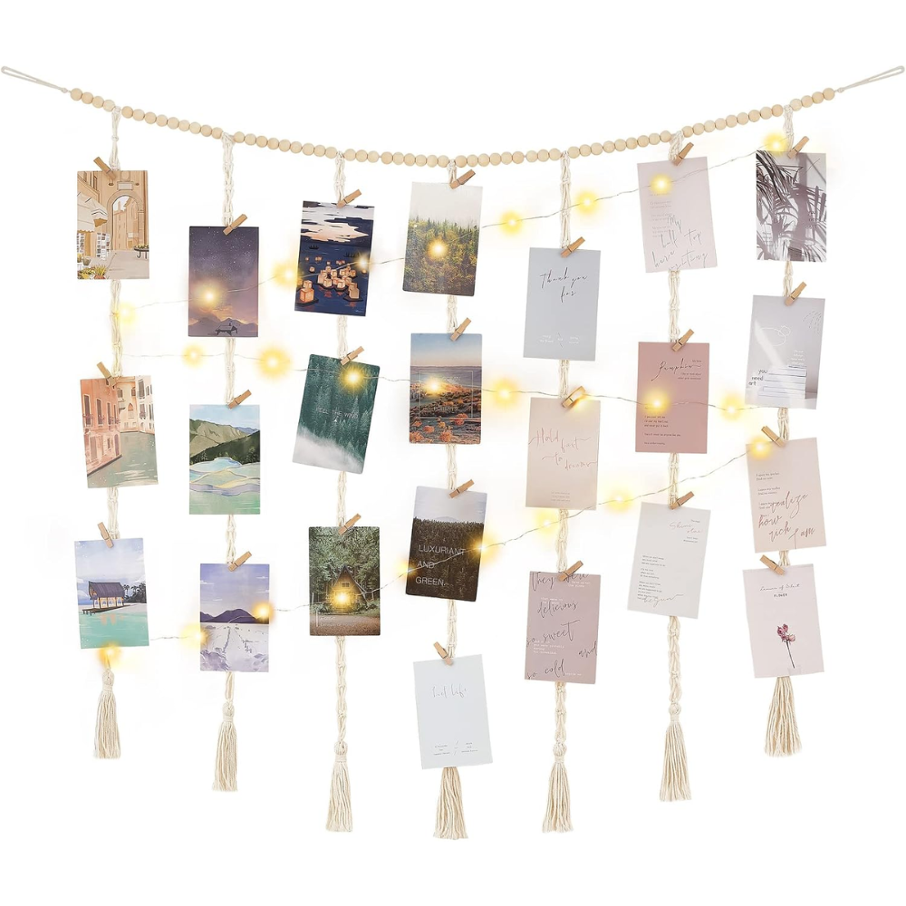Boho Macrame Hanging Photo Display with Lights - Ivory Wall Decor
