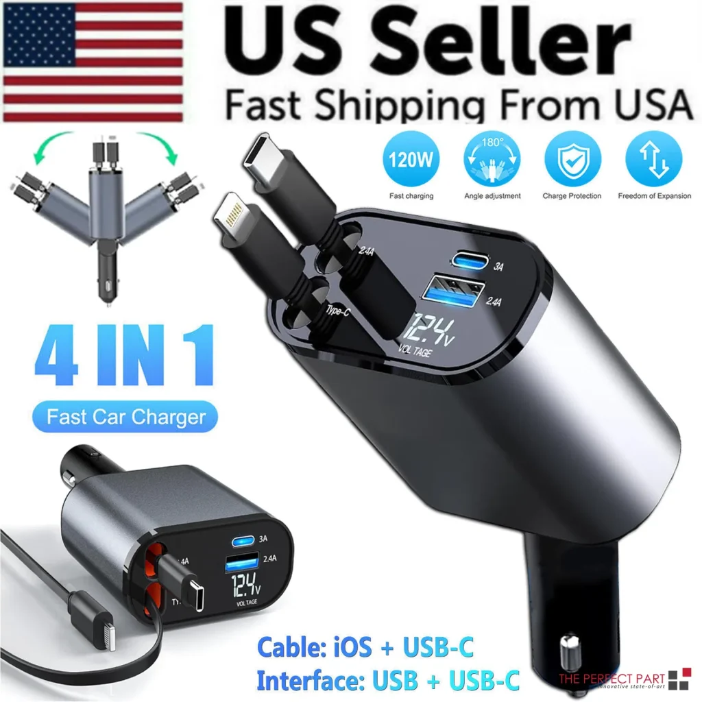 4-in-1 Fast Retractable Car Charger - 120W with USB Type C Cable
