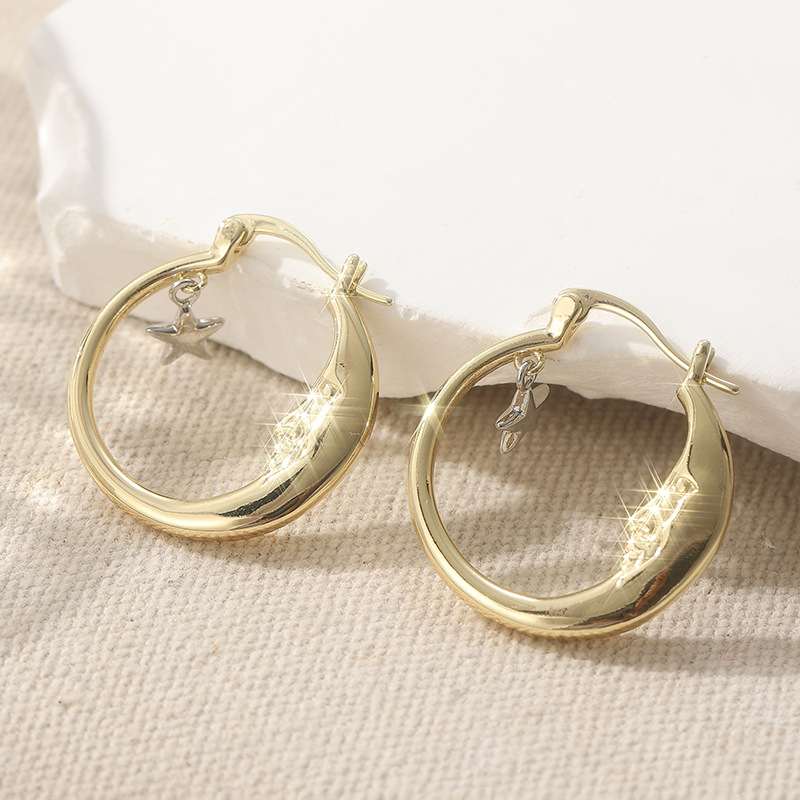 Celestial Crescent Star Hoop Earrings - Elegant Gold Tone Jewelry