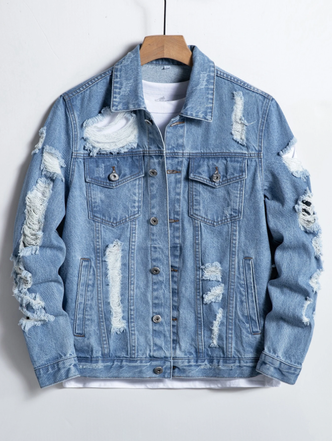 Vintage Ripped Denim Jacket for Men - Classic Blue Trucker Style