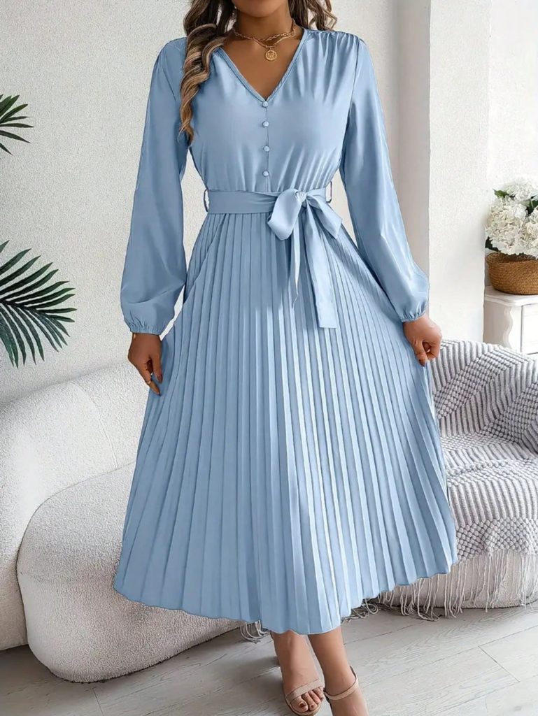 Elegant Women’s V-Neck Long Sleeve Midi Dress with Belt & Buttons