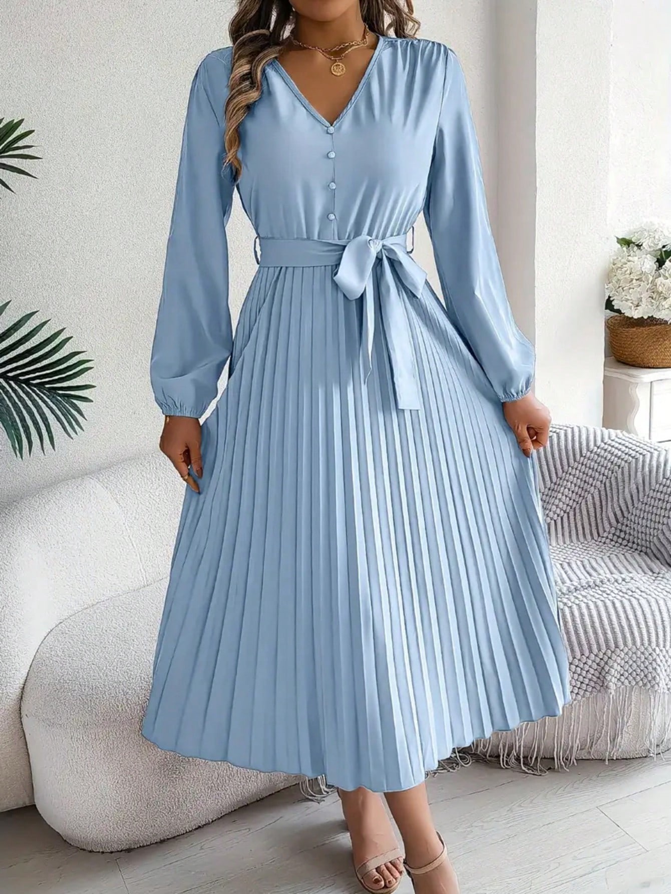 Elegant Women’s V-Neck Long Sleeve Midi Dress with Belt & Buttons