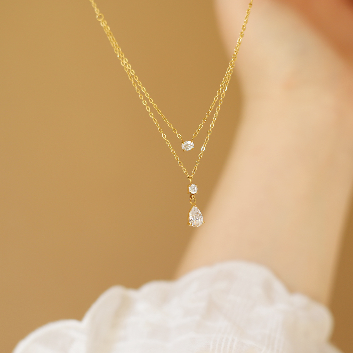 Elegant Titanium Steel Diamond Water Drop Necklace - High-End Clavicle Chain