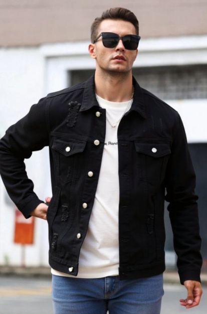Vintage Black Ripped Denim Jacket for Men - Distressed Trucker Style