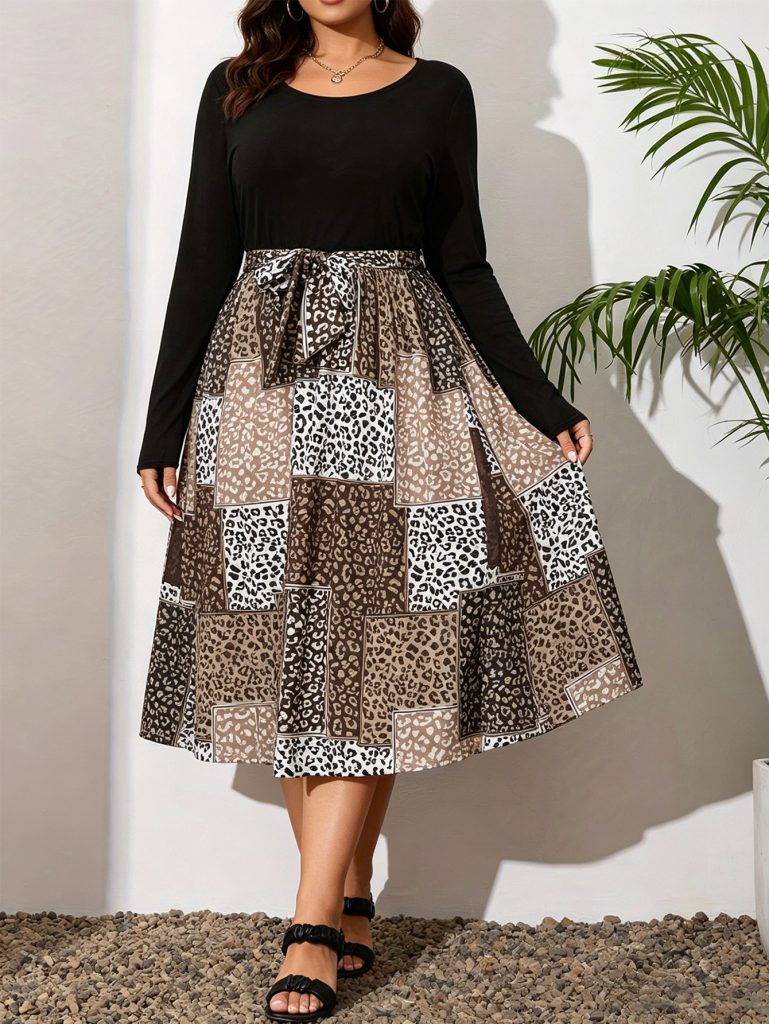 Chic Plus Size Knit Midi Dress with Leopard Patchwork & Waist Tie
