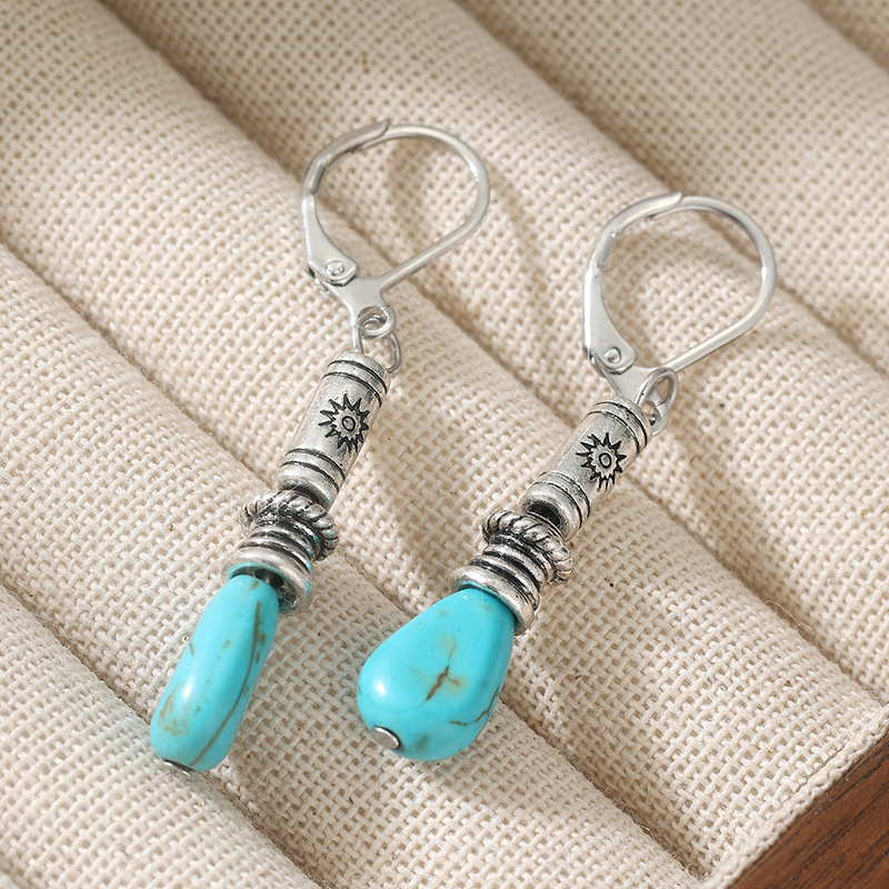 Boho Vintage Turquoise Stone Drop Earrings - Ethnic Silver Jewelry