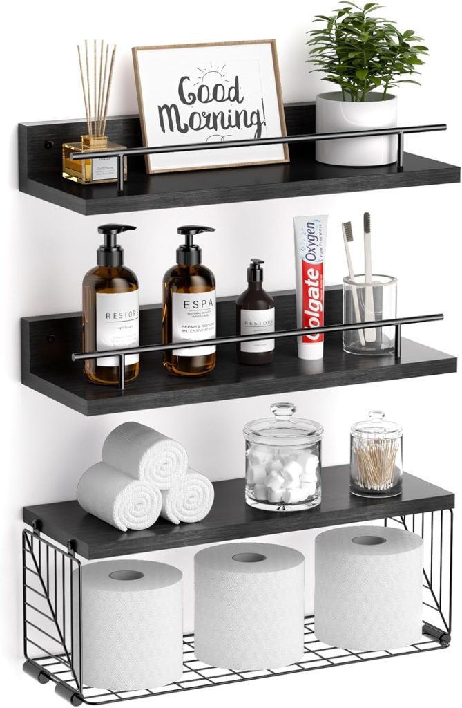 Stylish Floating Shelves with Wire Basket – Versatile Storage Solution