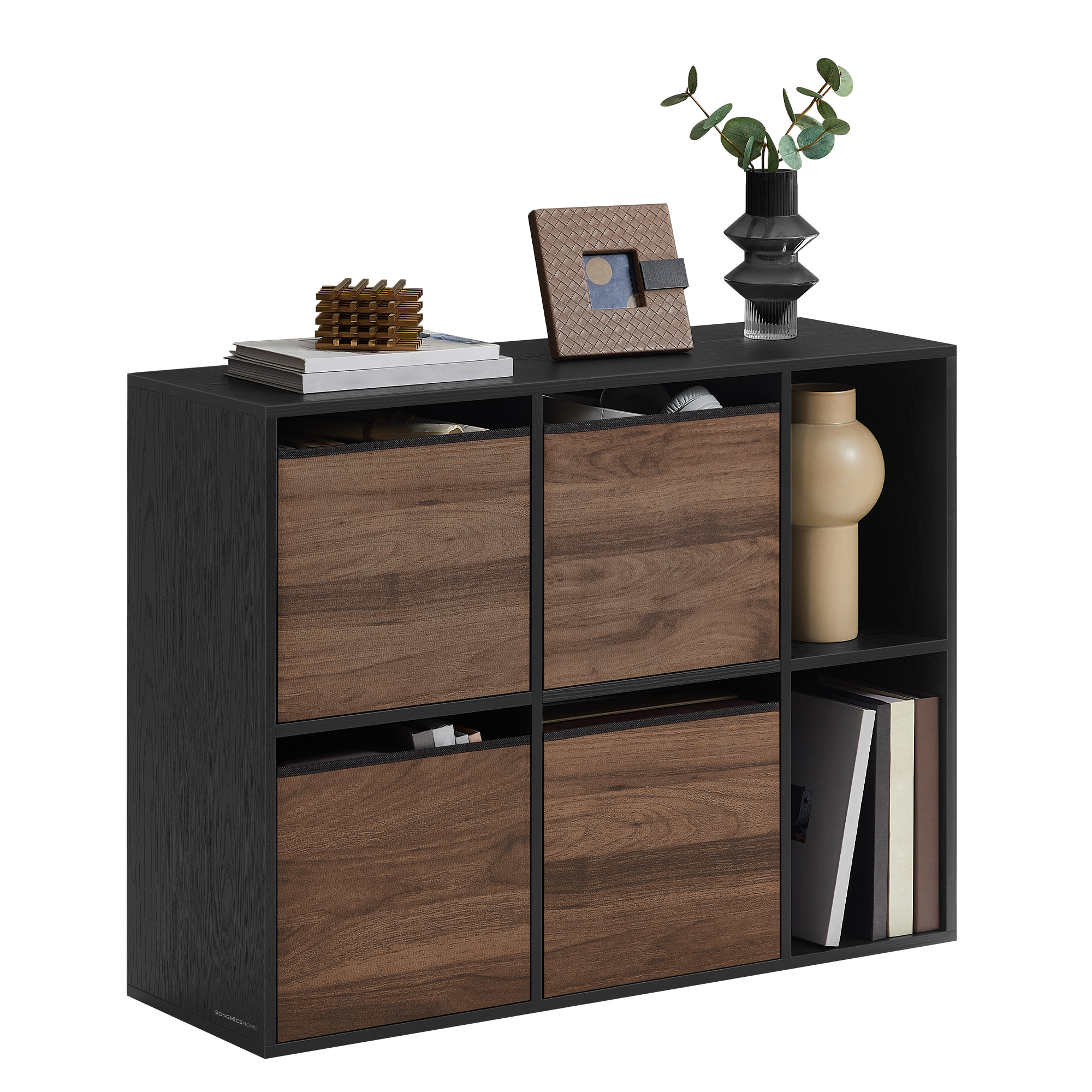 Versatile 6-Compartment Bookshelf with 4 Stylish Fabric Drawers