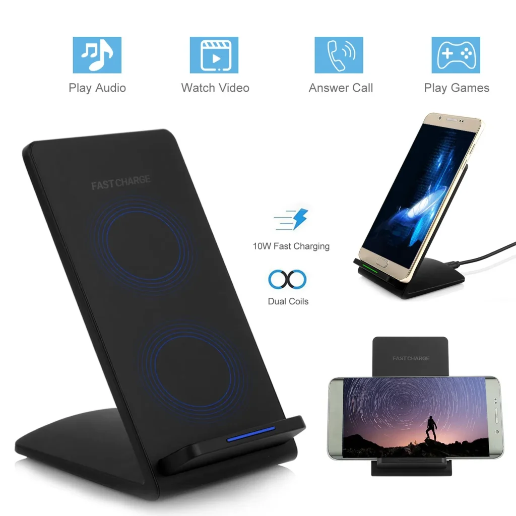 Fast Qi Wireless Charger 10W Pad Stand - Dual Coils for iPhone & Galaxy