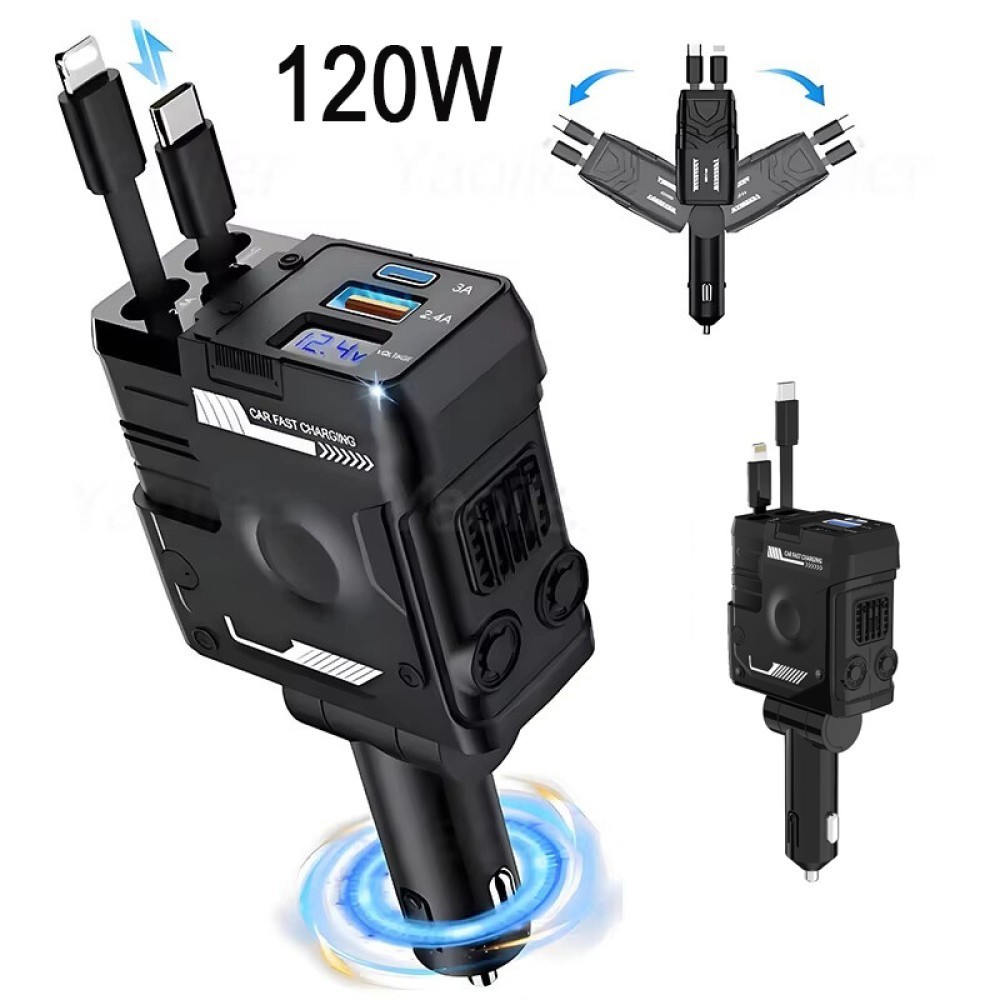 120W 4-in-1 Retractable Car Fast Charger with USB Type C & Dual Cables
