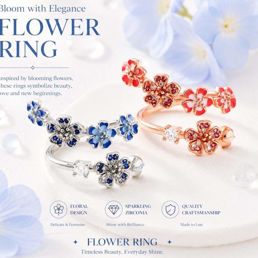 Elegant Floral Crystal Open Ring - Adjustable Rose Silver Jewelry