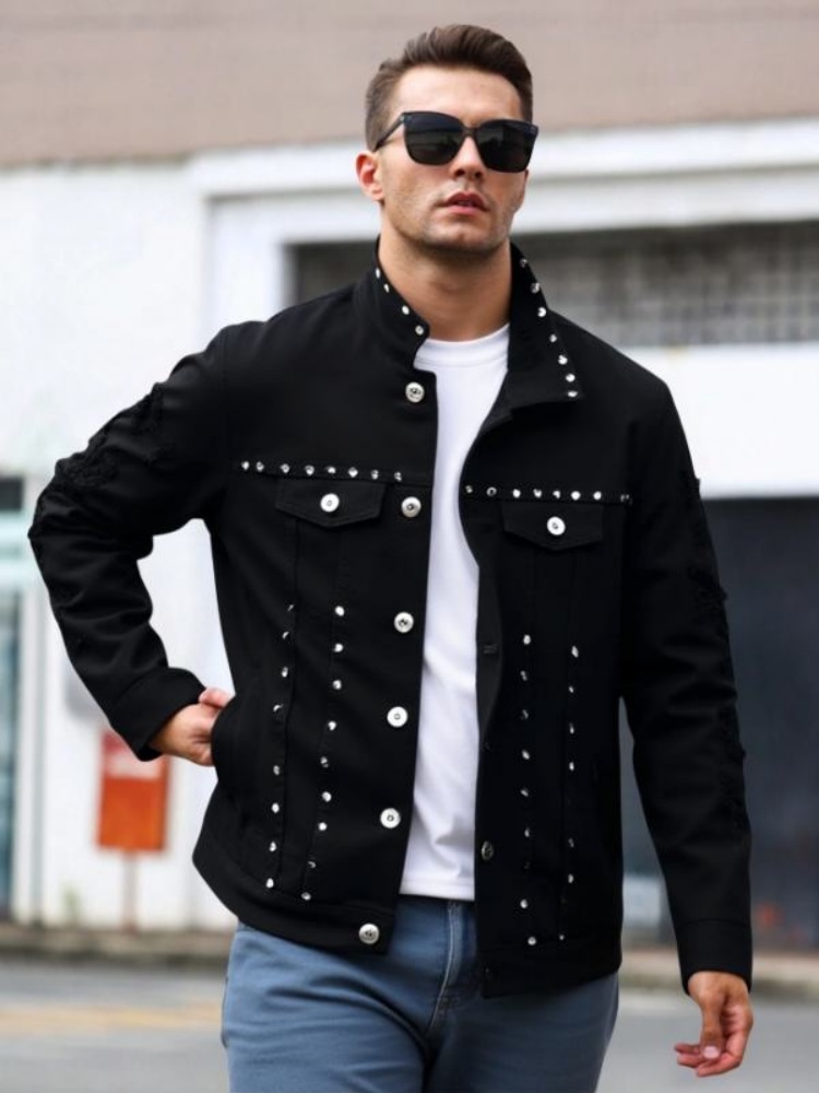 Men's Studded Black Denim Jacket - Punk Streetwear Trucker Style