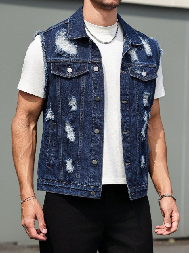 Vintage Ripped Denim Vest for Men - Dark Blue Distressed Look