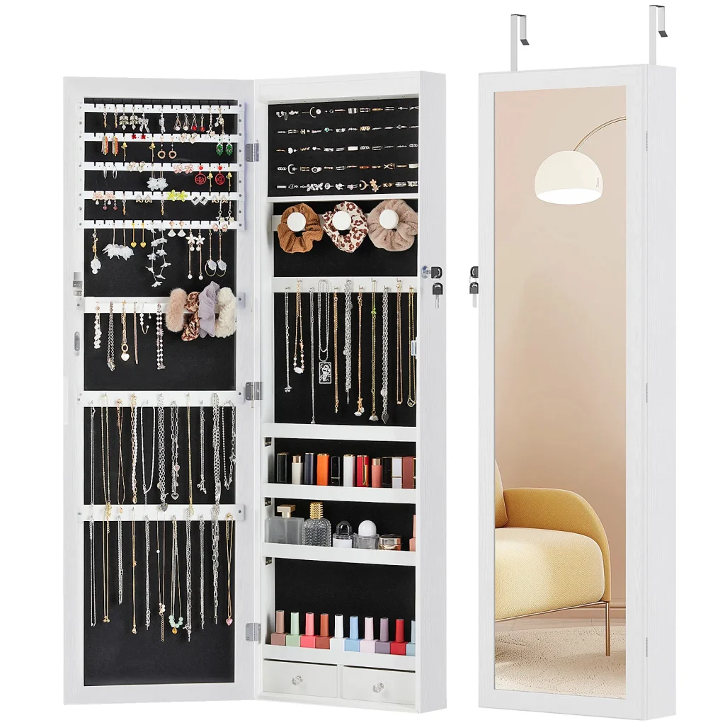 Stylish Wall-Mount Jewelry Armoire with LED Lights & Lockable Design