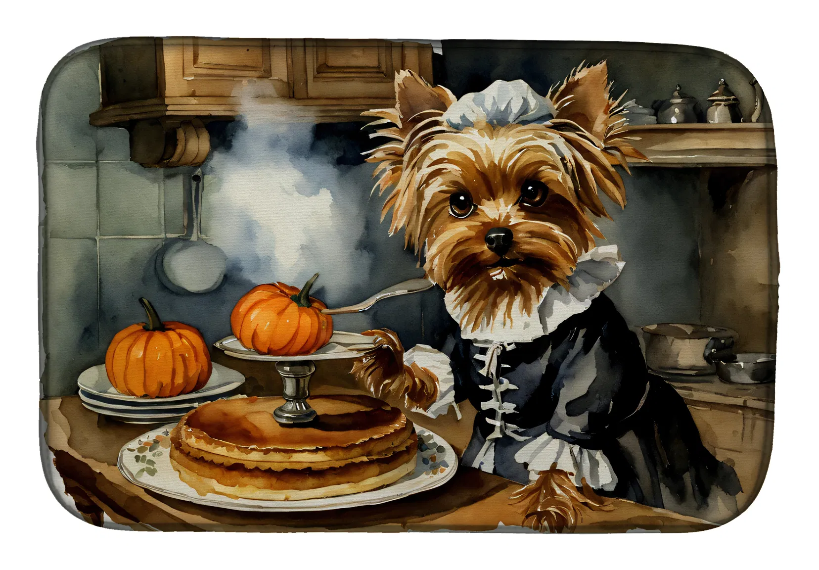 Absorbent Yorkie Fall Kitchen Pumpkins Dish Drying Mat, 14x21"