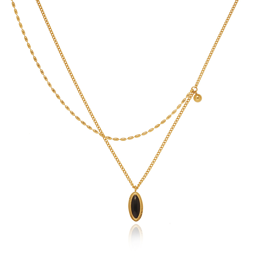 Elegant Retro French Oval Black Necklace - Titanium Steel Plated