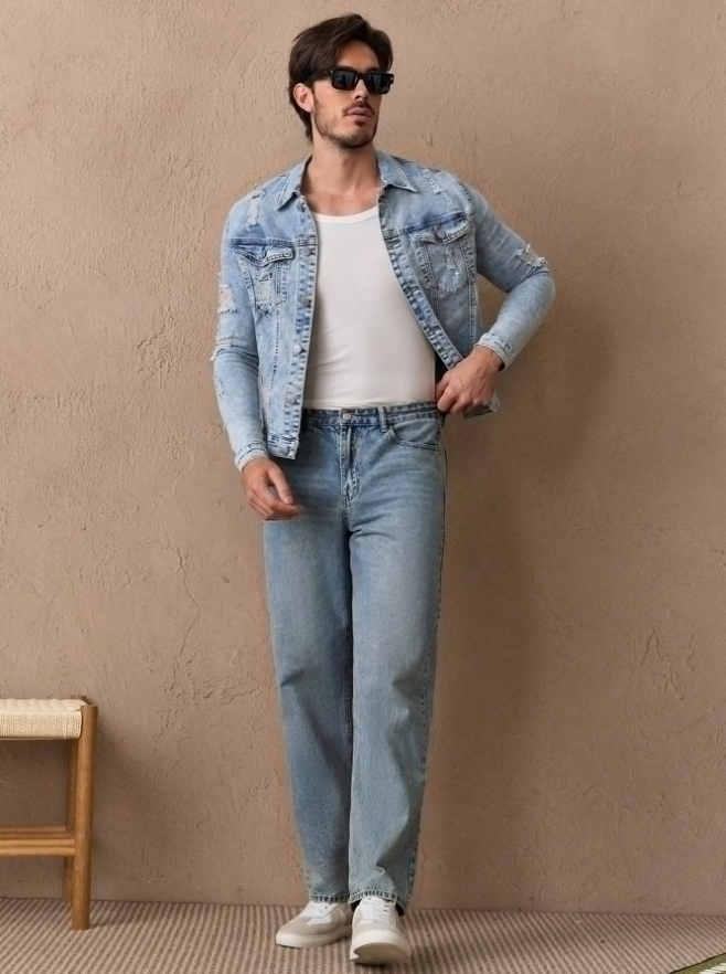 Distressed Light Blue Ripped Denim Jacket for Men - Slim Fit Trucker Style