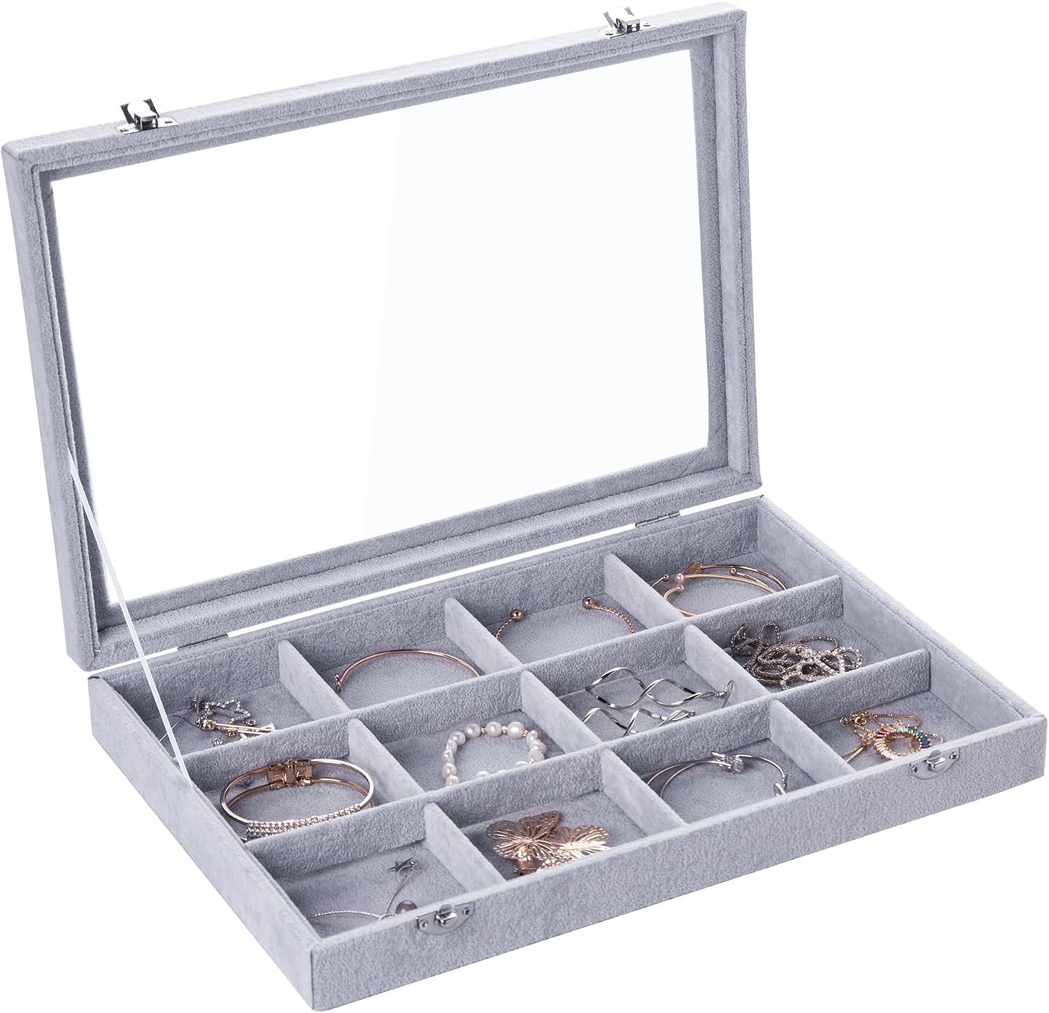 Elegant 12-Grid Velvet Jewelry Organizer with Clear Lid - Gray